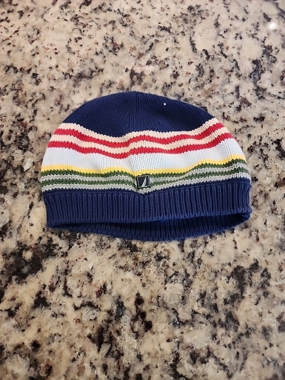 Vintage Nautica Navy Beanie with Red, White, Yellow and Green Stripes